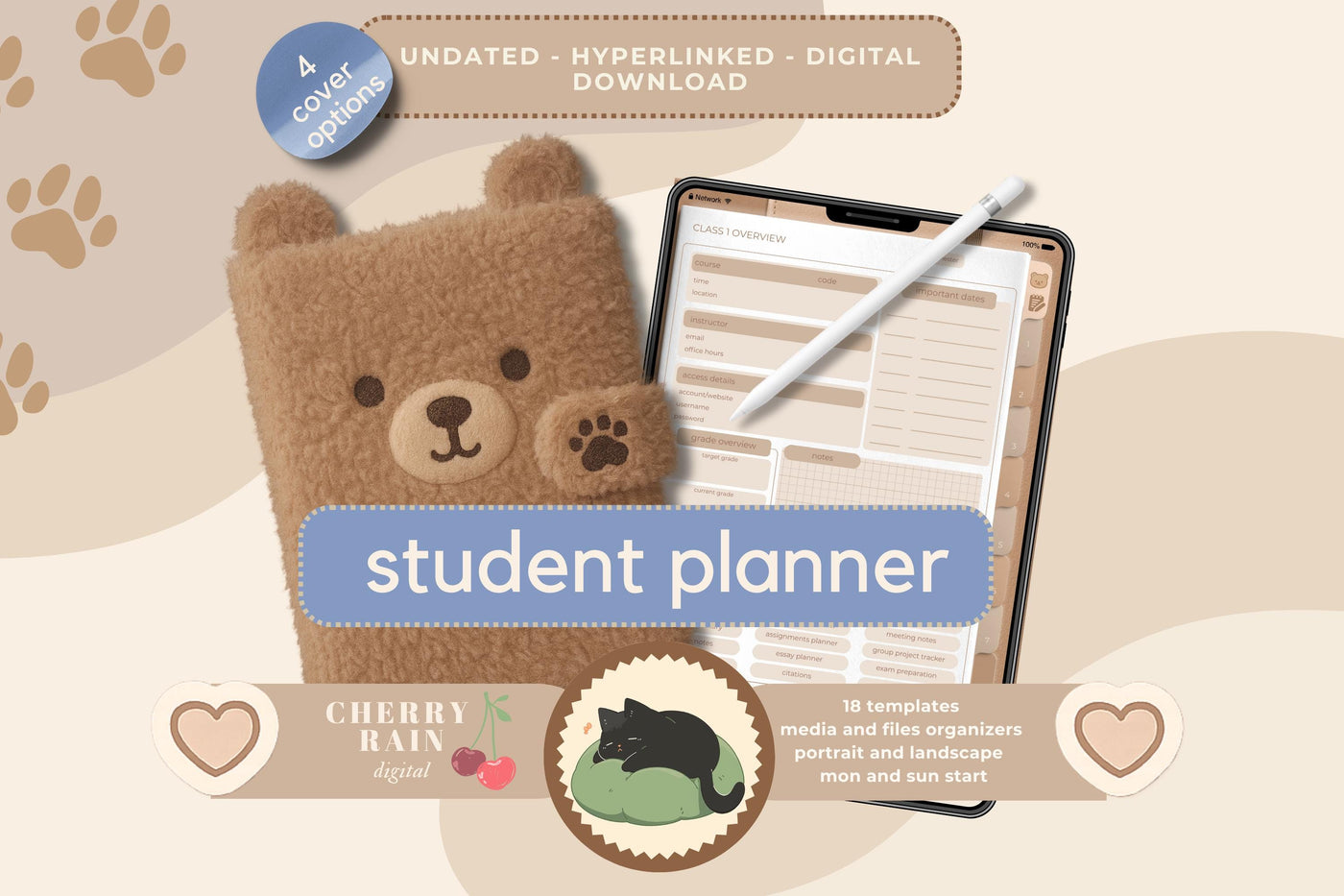Cozy Bear Digital Student Planner: Hyperlinked Academic Notebook (PDF Download)