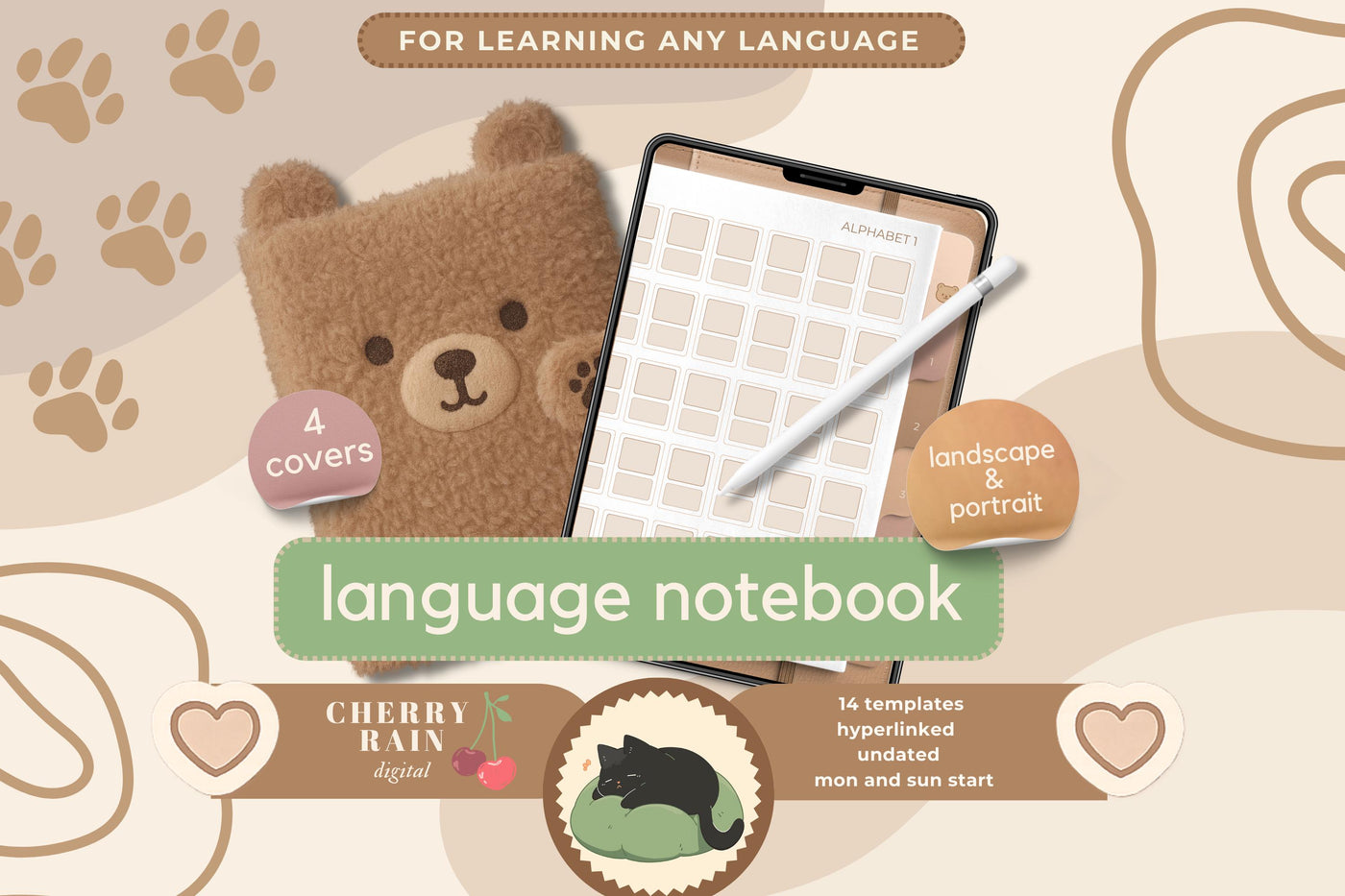 Cozy Bear Language Notebook – Digital Language Learning Planner | 4 Cover Textures | Hyperlinked Goodnotes Journal