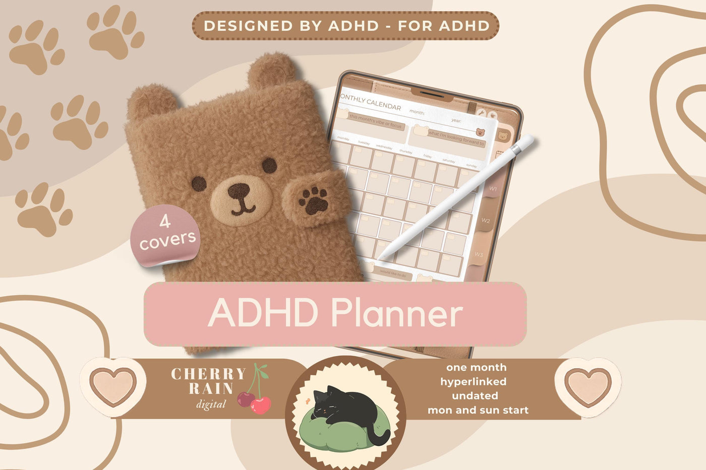 Cozy Bear ADHD Planner: Hyperlinked Digital Planner for GoodNotes (PDF Download)