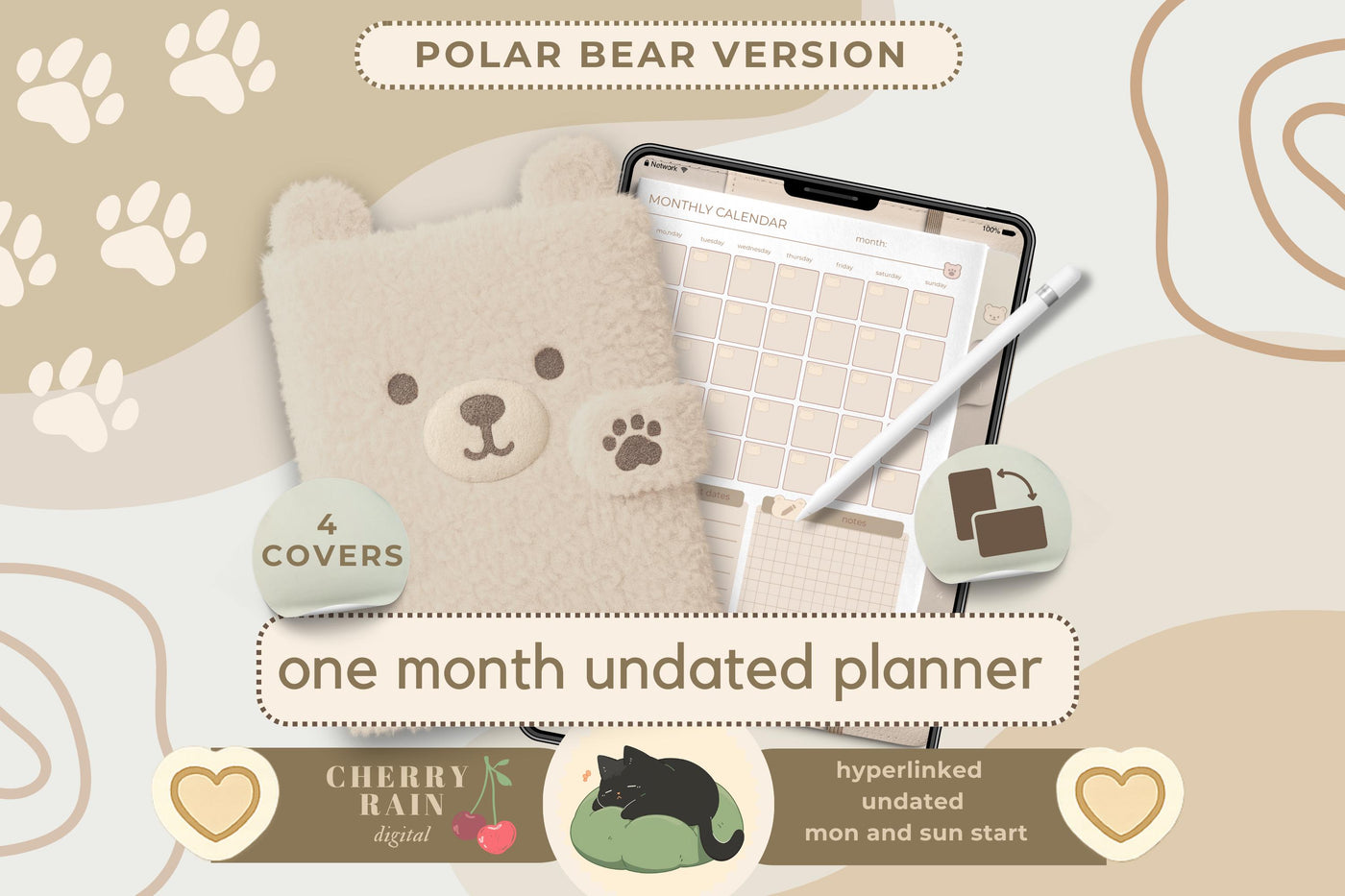 Polar Bear Digital Planner: Undated, Hyperlinked Tabs (GoodNotes Compatible PDF Download)