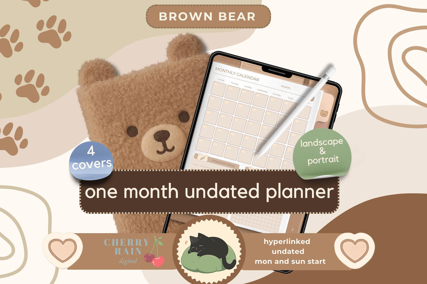 Cozy Bear Digital Planner: Cozy One-Month PDF, Hyperlinked