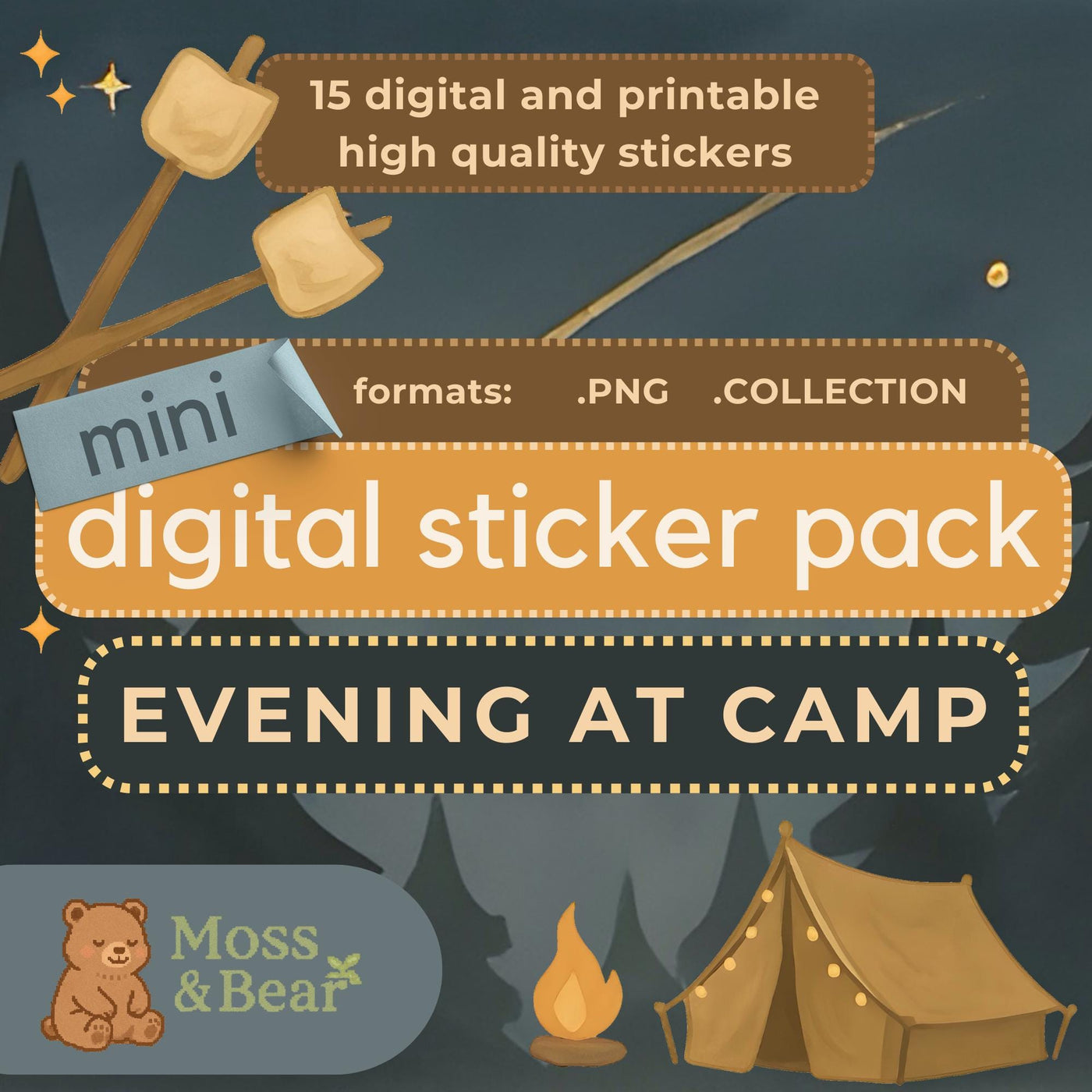Evening at Camp Digital Stickers: Cozy Camping for GoodNotes, Notability, CollaNote (PNG + Stickerbook)