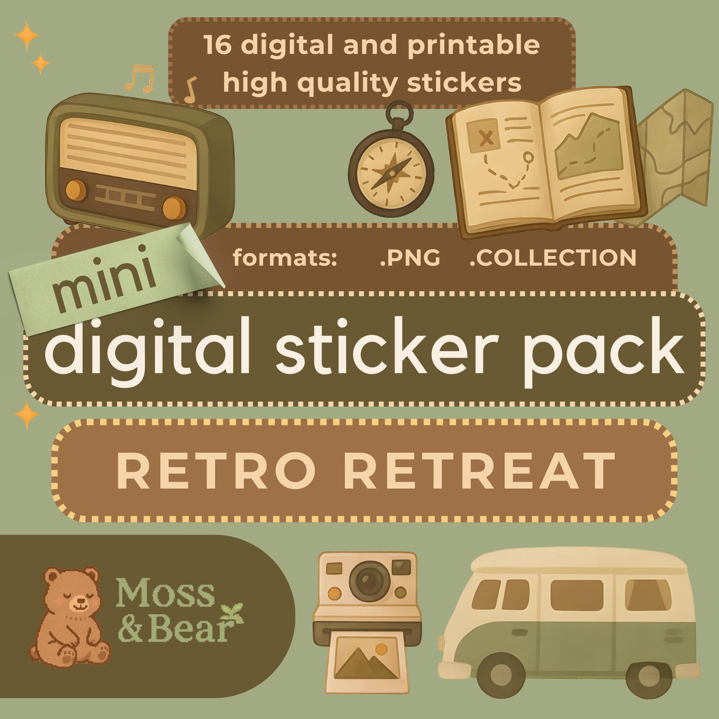 Retro Retreat Digital Sticker Pack: Gouache Vintage Essentials (Digital Download, GoodNotes PNGs)