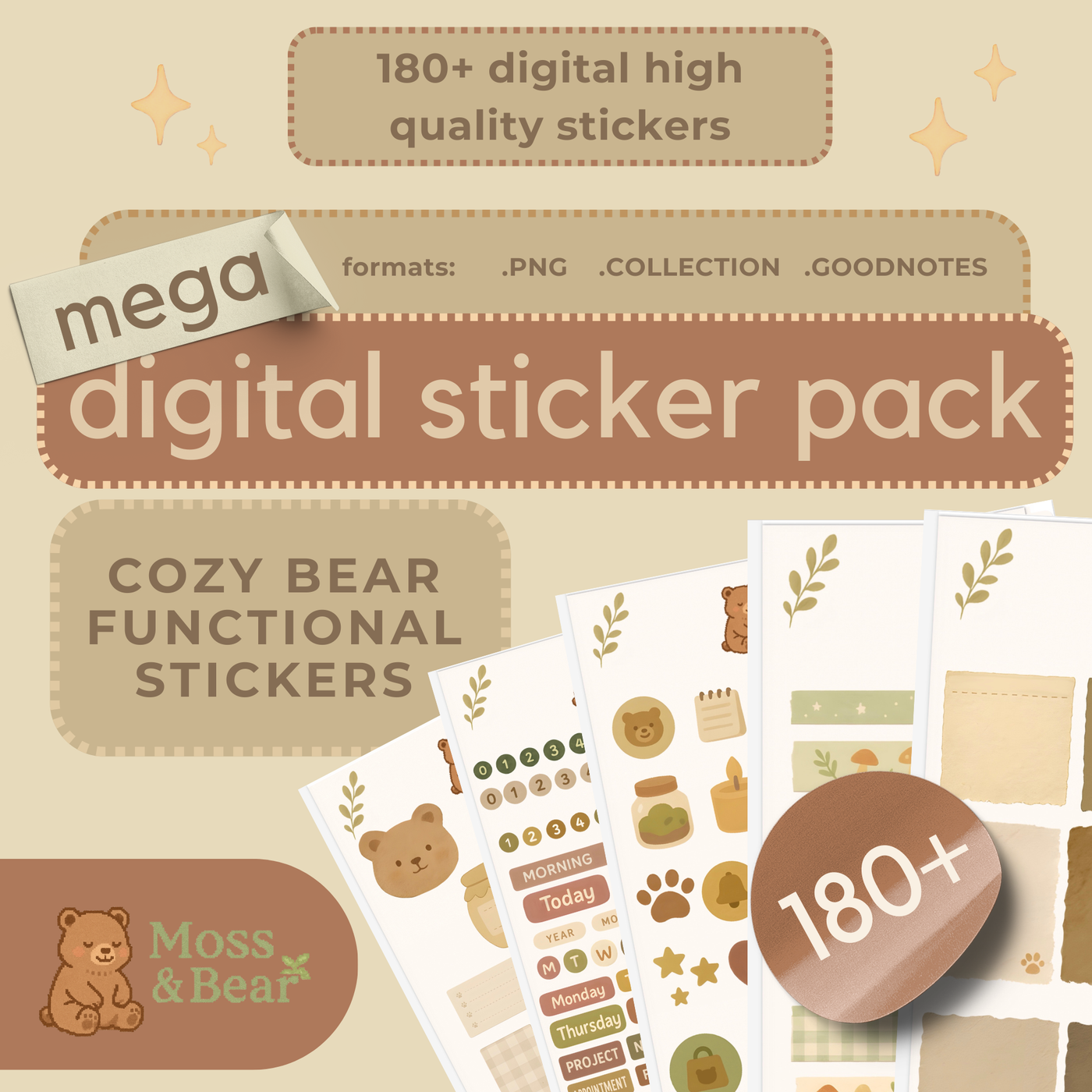 Cozy Bear Functional Mega Digital Sticker Pack – 180+ Planner Stickers for GoodNotes & Digital Planning