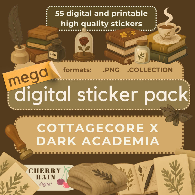 Cottagecore Dark Academia Digital Sticker Pack: Cozy Planner, Journal (55 PNG Stickers)