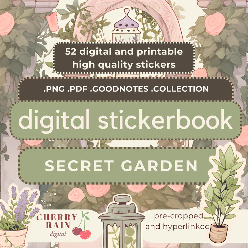 Secret Garden Aesthetic Digital Planner Stickerbook Set - Hyperlinked - Goodnotes Precut - PNG - PDF - Notability - Printable