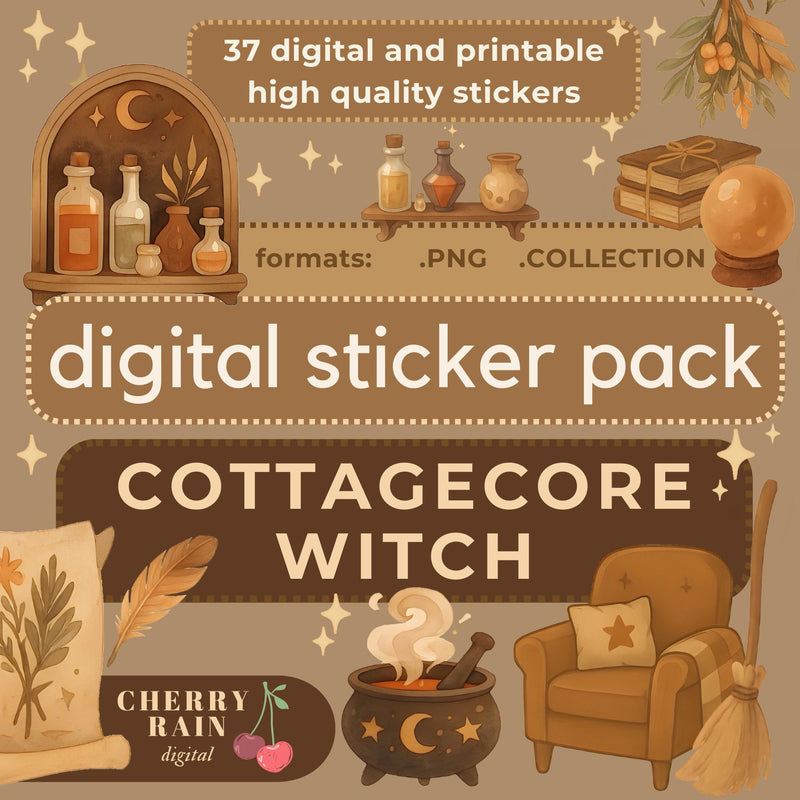 Cottagecore Witch Digital Stickers: Cozy Planner Art (37 PNG) (GoodNotes File Included)