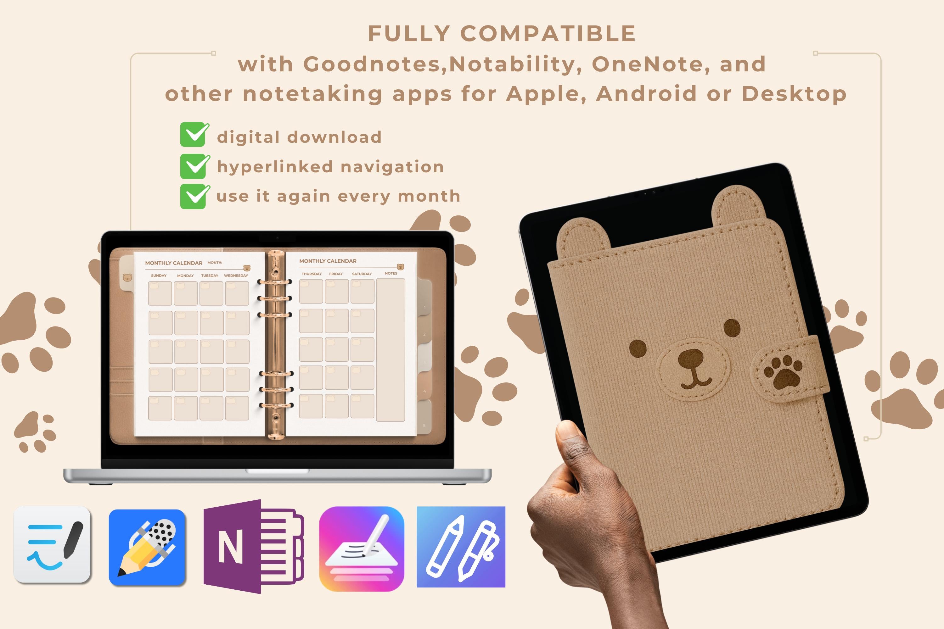 Cozy Bear Digital Planner: Cozy One-Month PDF, Hyperlinked
