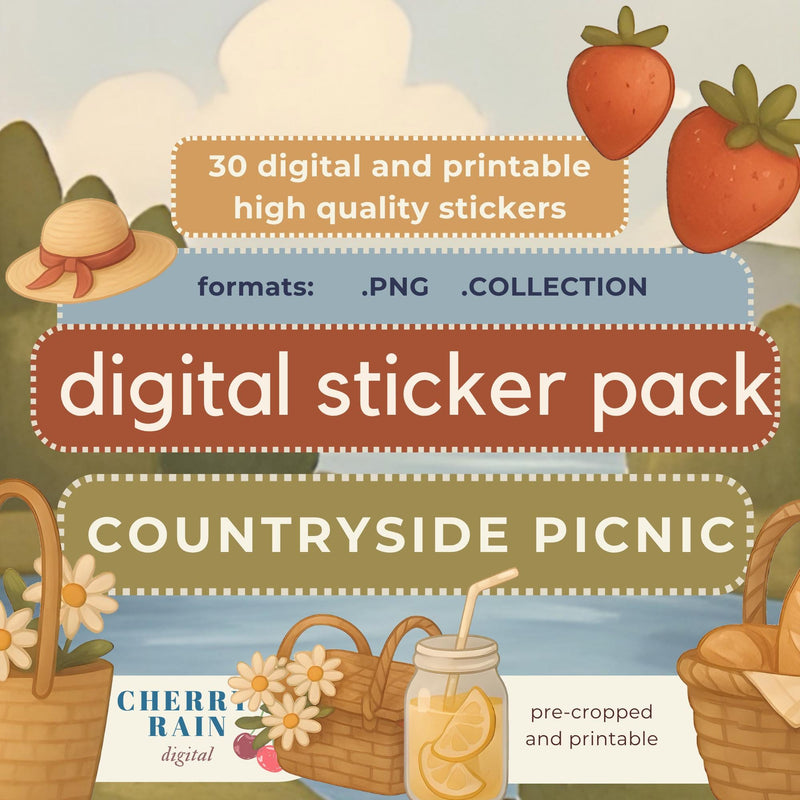 Countryside Picnic Digital Stickers: Cottagecore Cozy Planner Stickers (PNG Download)