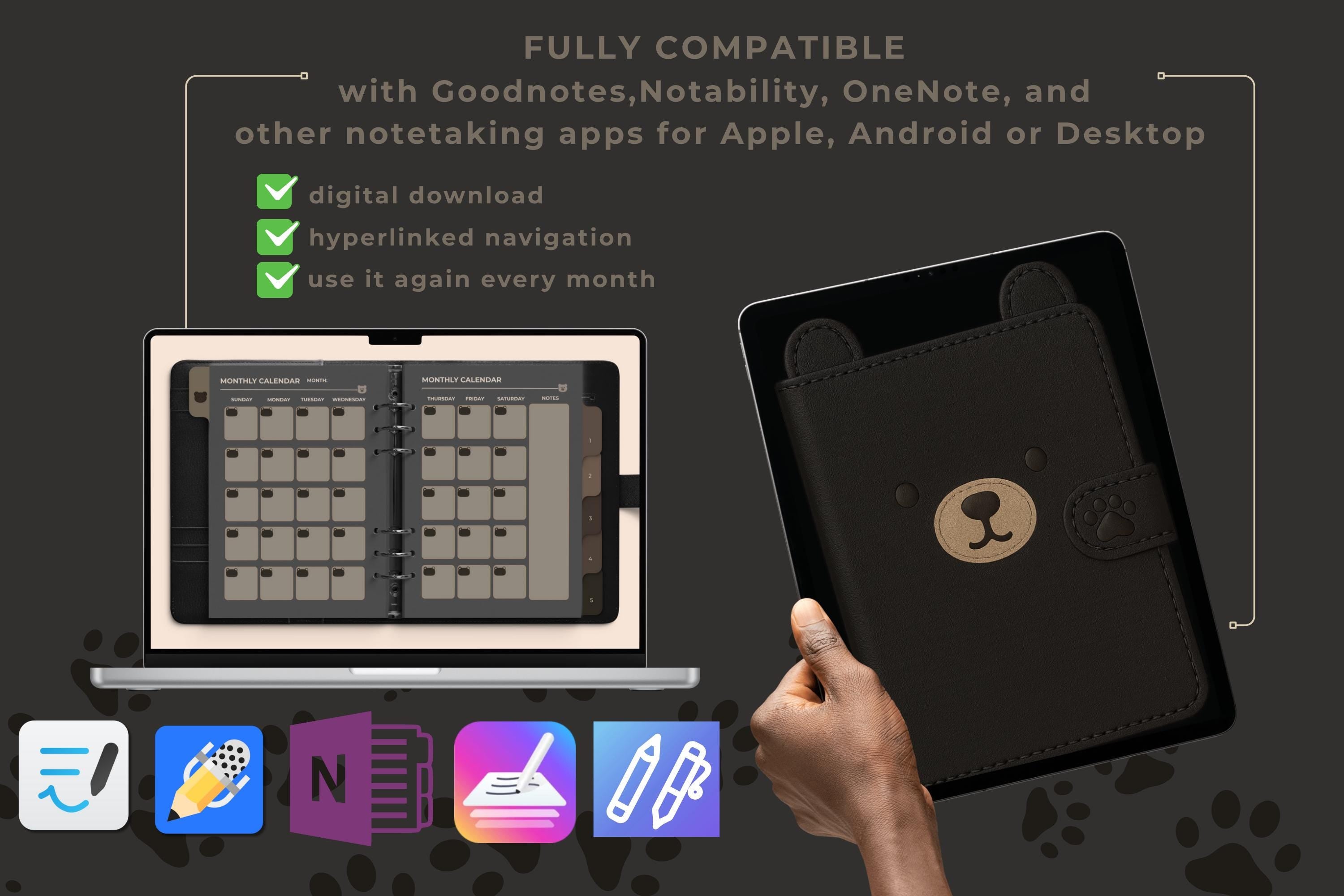 Black Bear Digital Planner: Minimalist Dark Mode, GoodNotes PDF