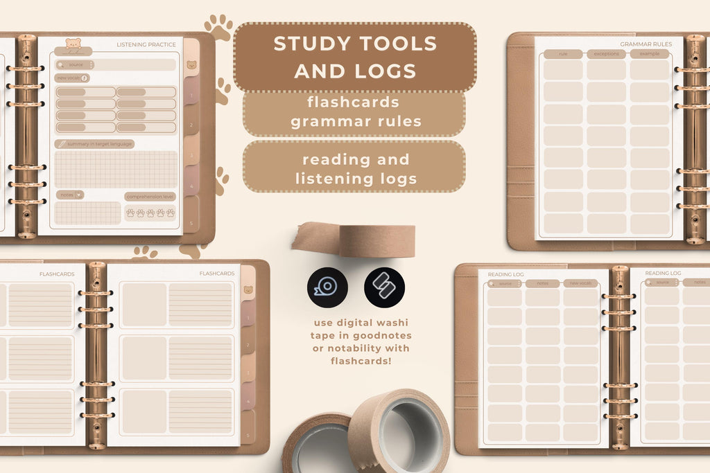 Cozy Bear Language Notebook – Digital Language Learning Planner | 4 Cover Textures | Hyperlinked Goodnotes Journal