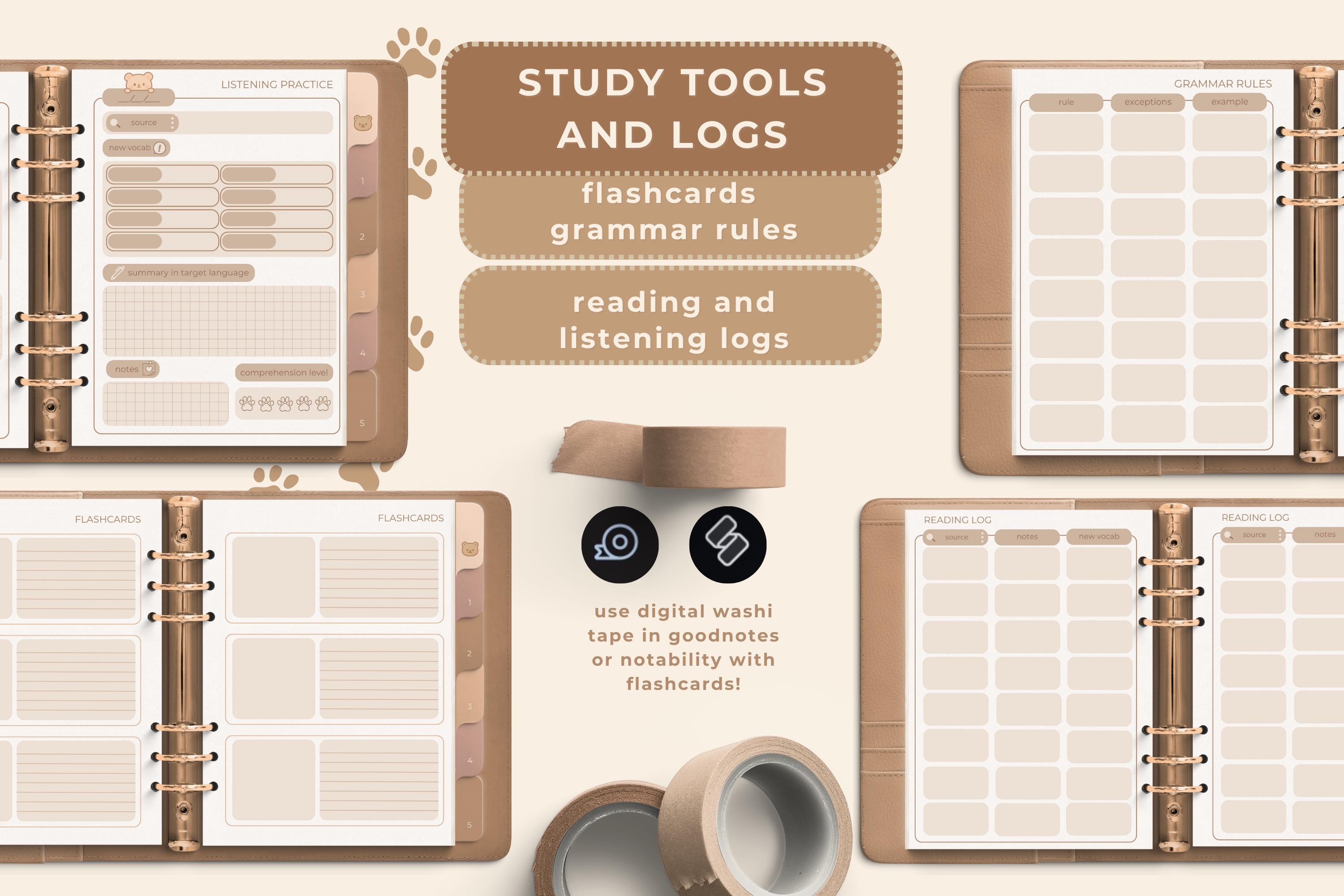 Cozy Bear Language Notebook – Digital Language Learning Planner | 4 Cover Textures | Hyperlinked Goodnotes Journal