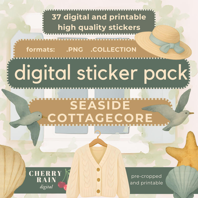 Seaside Cottagecore Digital Sticker Pack: Coastal Planner PNGs for GoodNotes