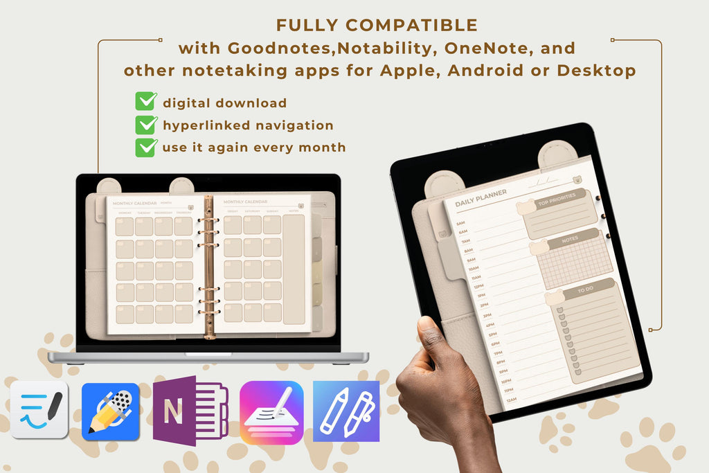 Polar Bear Digital Planner: Undated, Hyperlinked Tabs (GoodNotes Compatible PDF Download)
