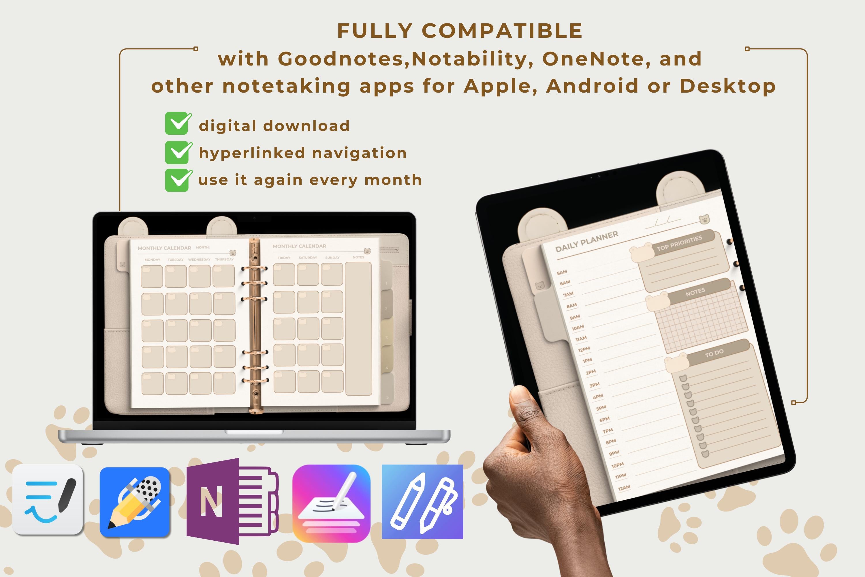 Polar Bear Digital Planner: Undated, Hyperlinked Tabs (GoodNotes Compatible PDF Download)