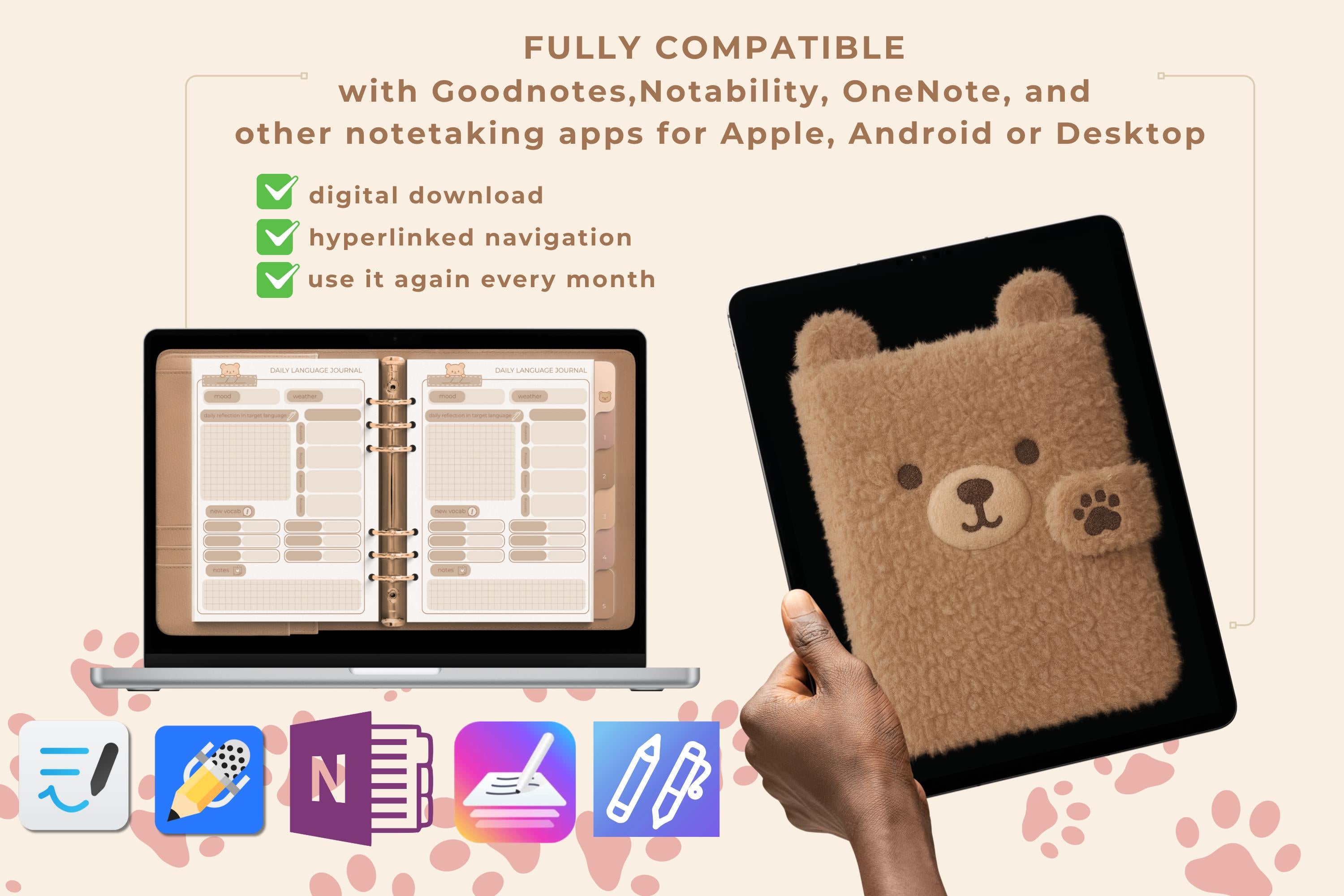 Cozy Bear Language Notebook – Digital Language Learning Planner | 4 Cover Textures | Hyperlinked Goodnotes Journal