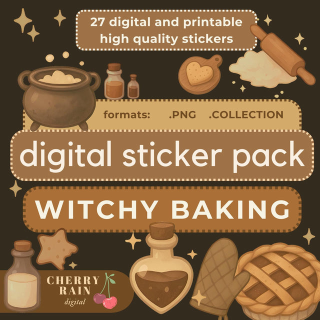 Witchy Baking Digital Stickers: Cottagecore Planner Decorations (27 PNGs, GoodNotes File)