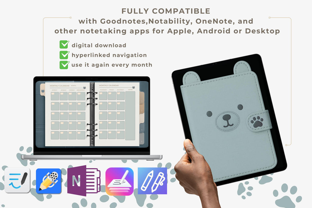 Glacier Bear Digital Planner | Undated PDF | Hyperlinked Tabs | GoodNotes | Monday & Sunday Start