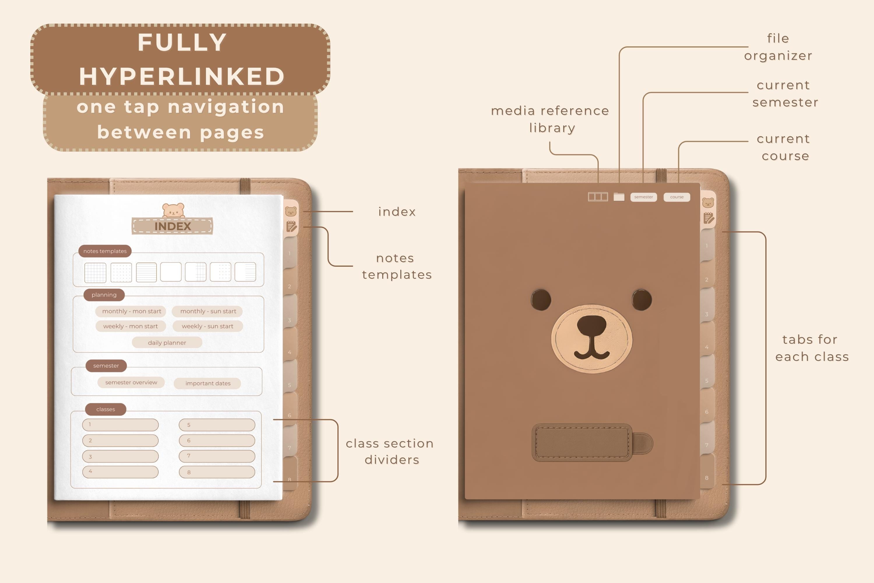 Cozy Bear Digital Student Planner: Hyperlinked Academic Notebook (PDF Download)