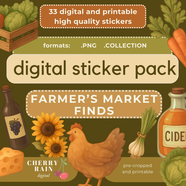 Farmers Market Digital Stickers: Cottagecore Planner GoodNotes PNGs (33 Piece Pack)